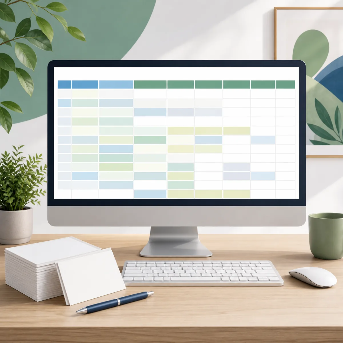 Conceptual desk illustration showing a colorful spreadsheet grid, blank quote cards, and a pen