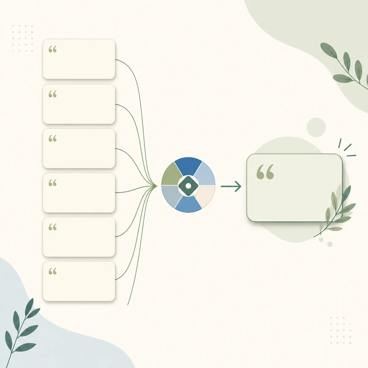 Conceptual flow illustration showing quote cards entering a random selector and producing one highlighted card
