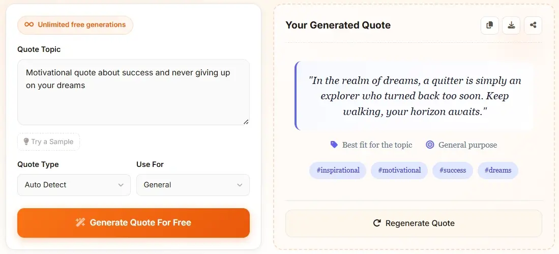 AI Quote Generator dual layout preview - input form and generated quote side by side