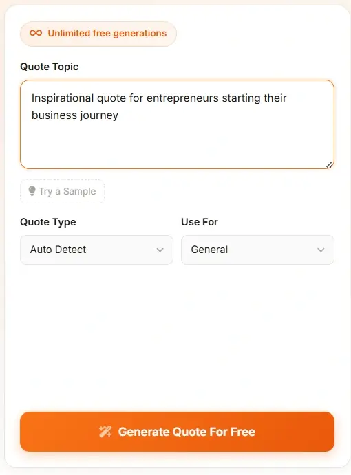 AI Quote Generator input form - enter your quote topic with type and use case options