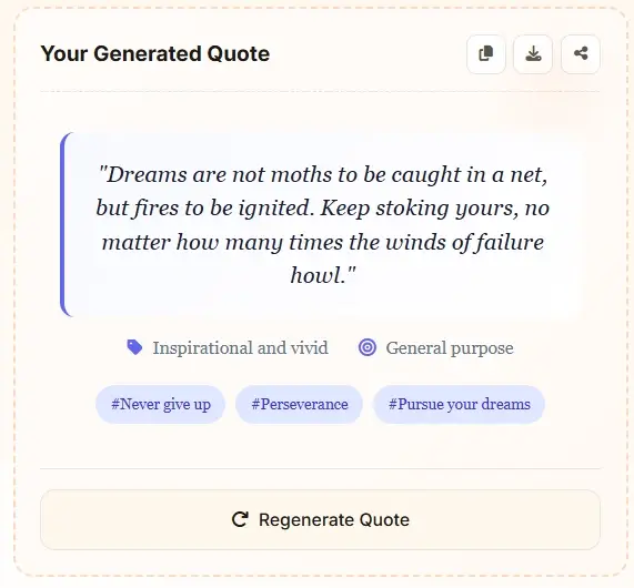 AI Quote Generator inspirational output - generated quote with style and tags