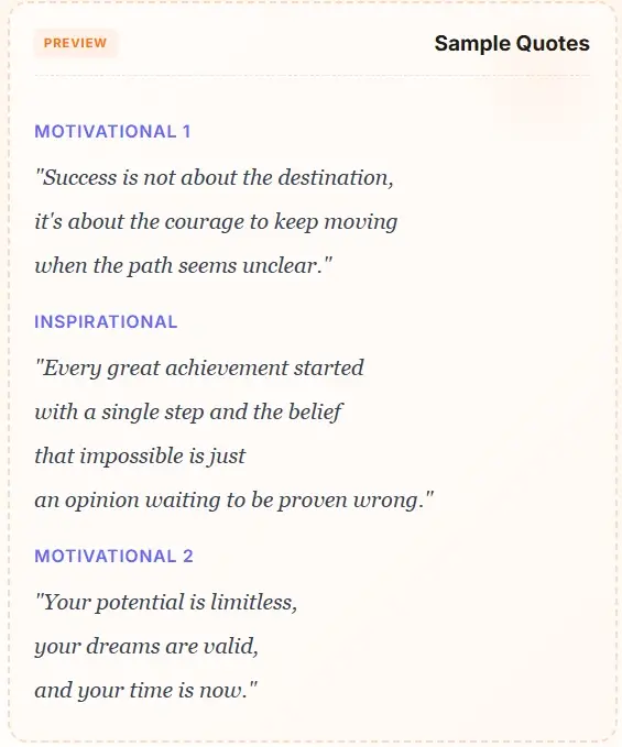 AI Quote Generator sample quotes list - preview of motivational and inspirational quotes