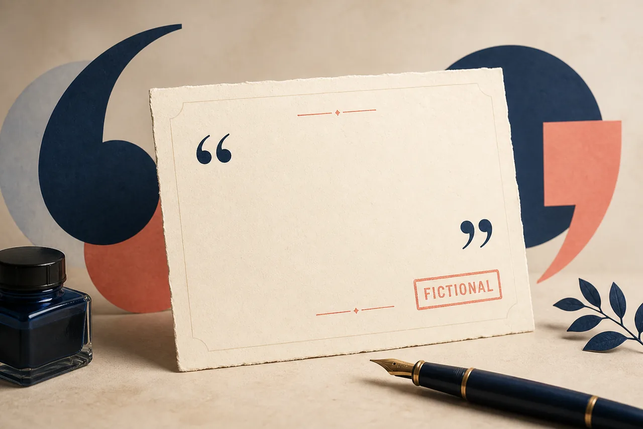 Concept illustration of a fictional quote card marked fictional beside an ink bottle and pen